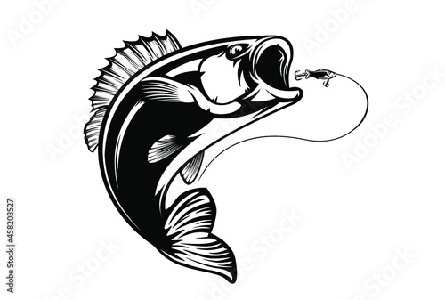 Fishing bass logo. Bass fish with rod club emblem. Fishing theme illustration. Fish Isolated on white.