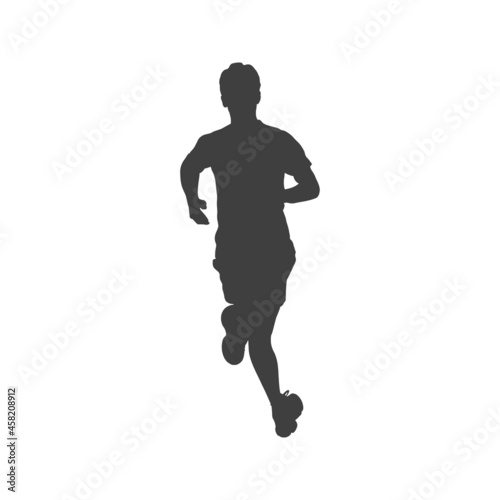 Logotipo carrera a pie. Icono con silueta de hombre corredor en fondo gris