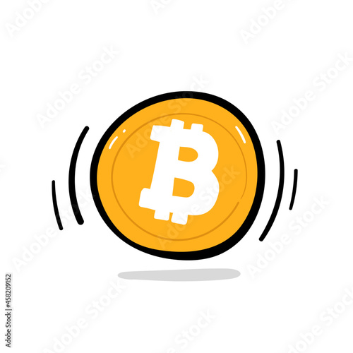 Golden bitcoin cartoon hand drawn style vector, isolated on white background.