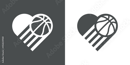 I love basketball. Logotipo corazón con silueta de balón de baloncesto con lineas de movimiento en fondo gris y fondo blanco