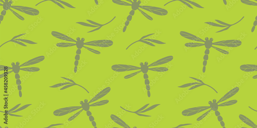 Dragonfly floral seamless pattern. Japanese floral motif green background with dragonfly silhouette. Dragonfly floral seamless pattern. Japanese floral motif green background with dragonfly silhouette.