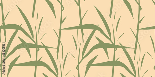 Bamboo leaves seamless pattern. Japanese natural concept green and beige background with bamboo leaves silhouette. © Takoyaki Shop