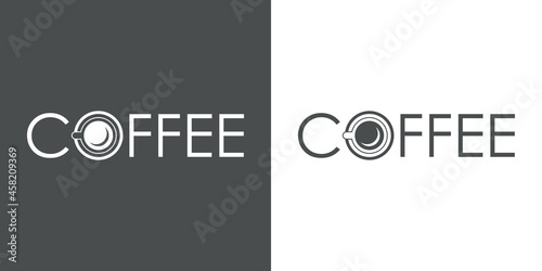Logotipo con texto Coffee con letra O con forma de taza de café con lineas en fondo gris y fondo blanco
