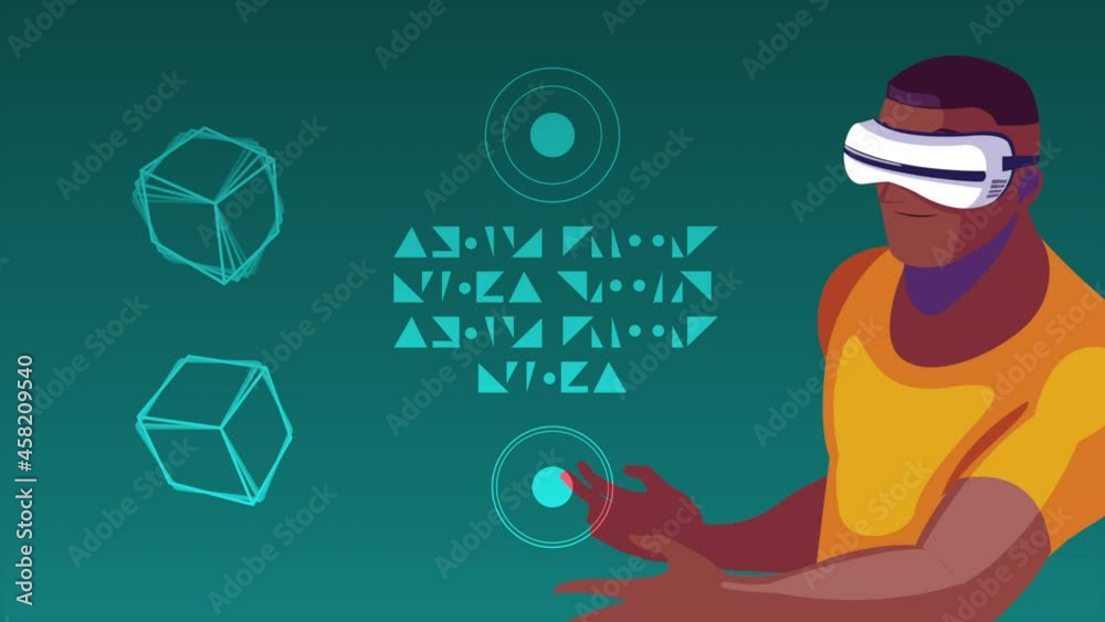 virtual reality tech animation with afro man using mask and figures virtual reality tech animation with afro man using mask and figures