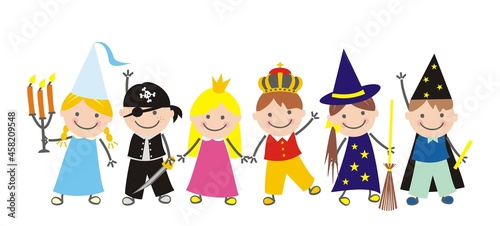 Carnival, six children, girls and boys at masks, funny vector illustration