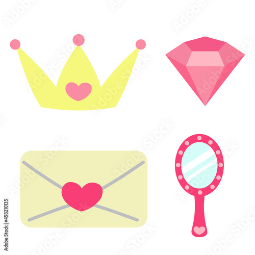 Set of princess accessories. Crown, love letter, diamond and mirrow. Pink and yellow colors. Fairy tale elements. Prints for stickers, baby shower, nursery decor, clothes, children books, textile