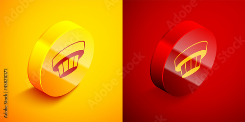 Isometric Smoke alarm system icon isolated on orange and red background. Smoke detector. Circle button. Vector