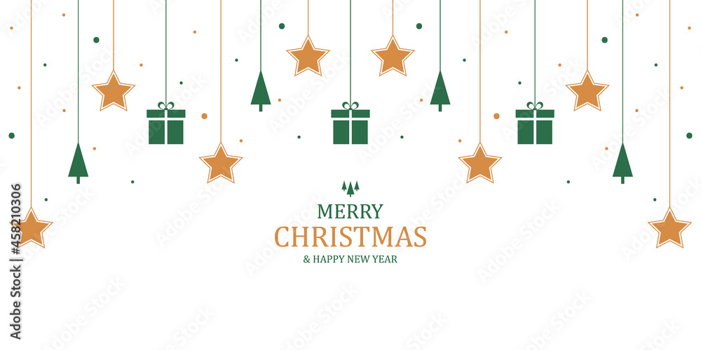 Naklejka premium Merry Christmas greeting card. Christmas background with stars and gifts decorations in flat style. Vector illustration. Holiday banner. Xmas backdrop. Modern design poster, cover, wallpaper.
