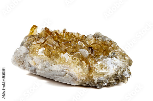 Macro mineral stone baryte crystals, Barite on a white background