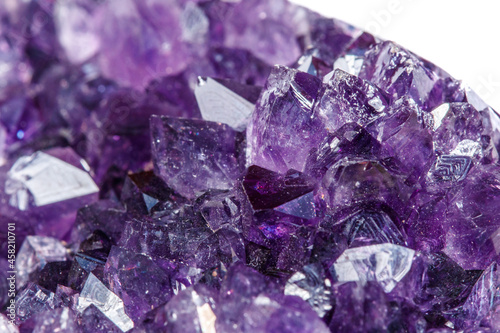 Amethyst Crystal Druse macro mineral on white background