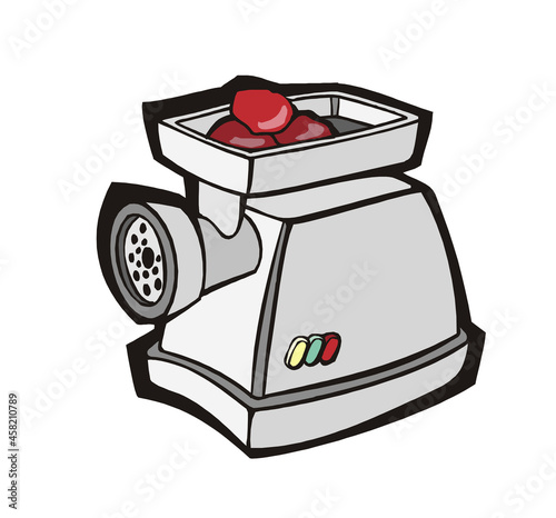 Meat mincer, household appliance. Butcher shop element. Object, kitchen. Cartoon style vector illustration isolated on white background.