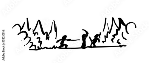 Silhouette of people in a Duel to the death with sword in the forest. Fencing. Black and white Hand drawn ink strokes style vector illustration on white background. People fighting.