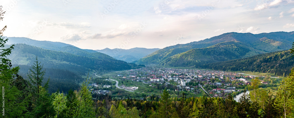 Skole town among Carpathian mountains, Ukraine, view from mountain, autumn season, nature outdoor