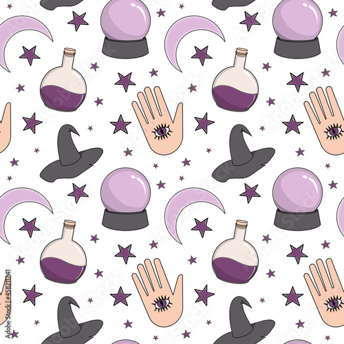 Seamless Halloween pattern in gray and violet colors with magical symbols. 