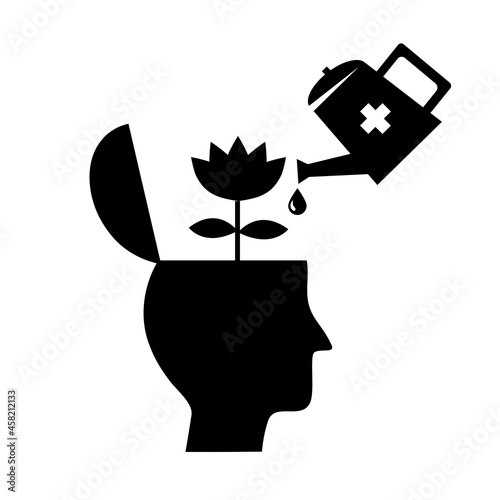 Silhouette of human head with flower inside. Watering flower in the brain in black and white. Mental health concept vector. Psychological therapy and treatment. World mental health day.