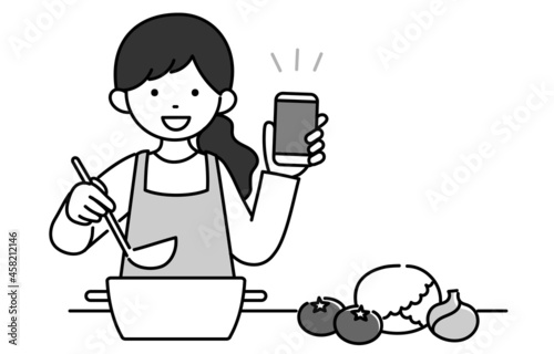 モノクロイラスト　主婦　スマホ　料理