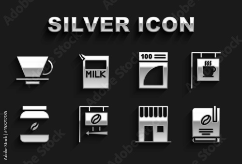 Set Street signboard coffee, Coffee book, shop, jar bottle, paper filter, V60 maker and Paper package for milk icon. Vector