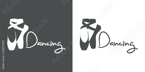 Logotipo con texto manuscrito Dancing con silueta de zapatillas de ballet en fondo gris y fondo blanco