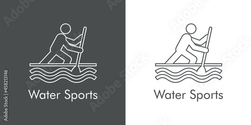 Logotipo con texto Water Sports con silueta de remero en canoa con lineas en fondo gris y fondo blanco