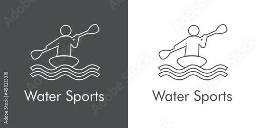 Logotipo con texto Water Sports con silueta de remero en canoa con lineas en fondo gris y fondo blanco