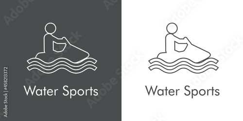 Logotipo con texto Water Sports con silueta de moto de agua con lineas en fondo gris y fondo blanco