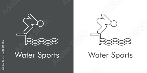Logotipo con texto Water Sports con silueta de salto de trampolín con lineas en fondo gris y fondo blanco photo