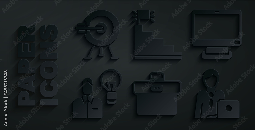 Set Briefcase, Computer monitor, Human with lamp bulb, Businessman, Stair finish flag and Target arrow icon. Vector Set Briefcase, Computer monitor, Human with lamp bulb, Businessman, Stair finish flag and Target arrow icon. Vector