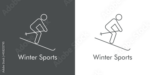 Logotipo con texto Winter Sports con silueta de esquiador con lineas en fondo gris y fondo blanco