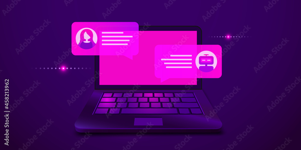Chat bot concept. Laptop with chat bubbles. Futuristic neon style. Chat bot concept. Laptop with chat bubbles. Futuristic neon style.