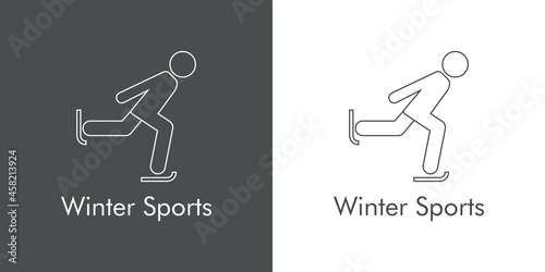 Logotipo con texto Winter Sports con silueta de patinador sobre hielo con lineas en fondo gris y fondo blanco