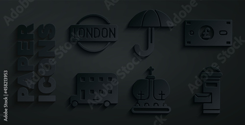 Set British crown, Pound sterling money, Double decker bus, London mail box, Umbrella and sign icon. Vector