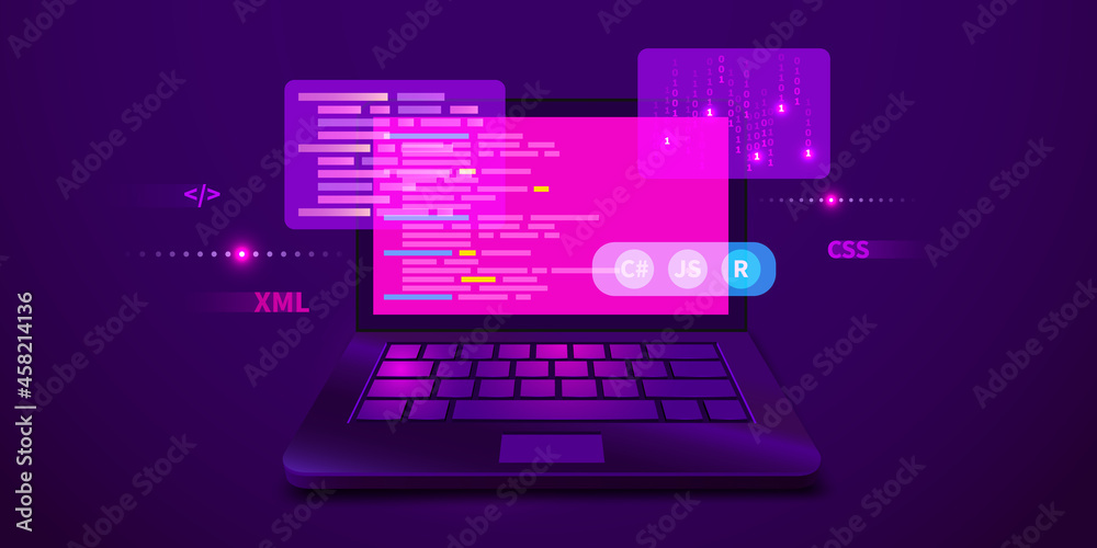 Web development, coding and programming futuristic banner. Computer code on laptop.