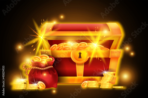 Gold chest treasure illustration, vector red pirate open box, coin pile, money bag, game success icon. Old medieval antique full trunk, ancient design abundance element. Gold chest, casino win concept