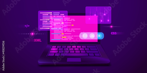Web development, coding and programming futuristic banner. Computer code on laptop.