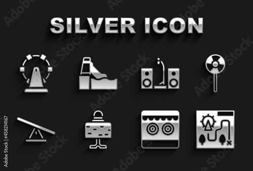 Set Magic ball on table, Lollipop, Amusement park map, Shooting gallery, Seesaw, Home stereo with two speakers, Ferris wheel and Water slide icon. Vector