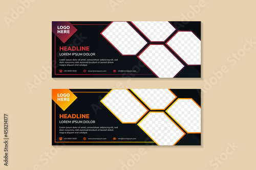 Templates of black vector horizontal web banners with mosaic rectangle shape a place for a photo. Minimalist design. Orange and red gradient on elements and black background.