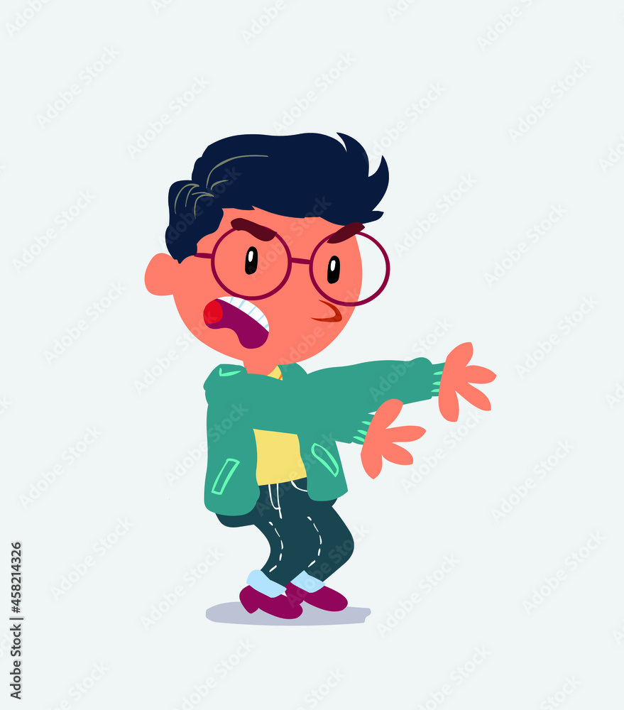 Very angry cartoon character of little boy on jeans pointing at something at side.