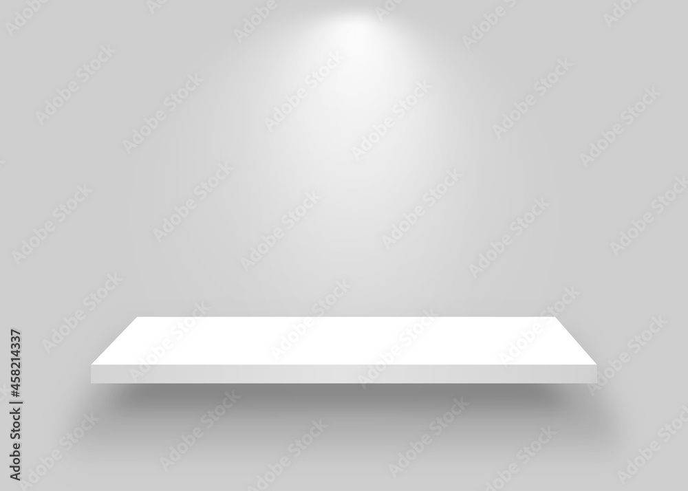 White shelf mockup. Realistic bookshelf with spotlight. Empty shelf template on white backdrop. Clean store shelves.