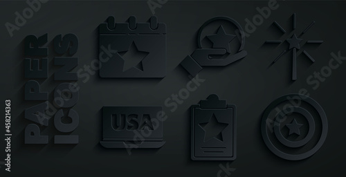 Set USA Independence day, Firework, on laptop, American star shield, and Calendar with date July 4 icon. Vector