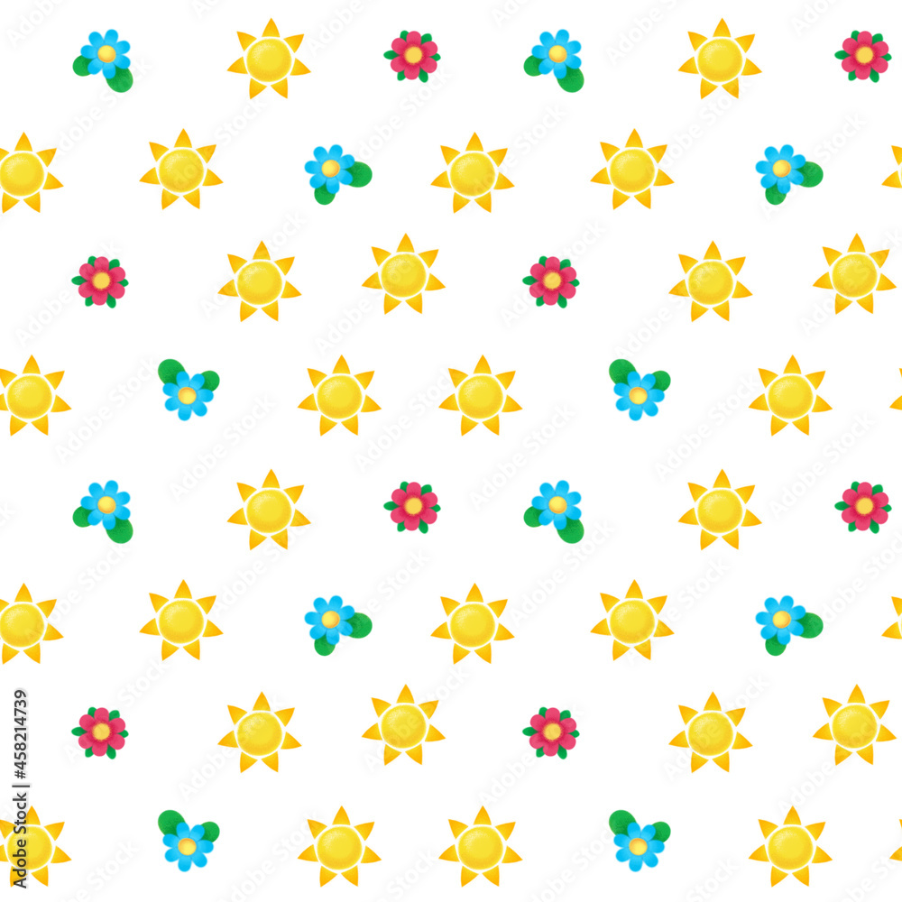 Cartoon suns and flowers on a white background. Seamless cute baby pattern. Ufo illustration in children's style, drawing by hands Cartoon suns and flowers on a white background. Seamless cute baby pattern. Ufo illustration in children's style, drawing by hands