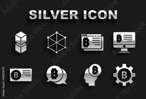 Set Bitcoin, Mining bitcoin from monitor, Cryptocurrency, think, Credit card with, browser, Blockchain technology and icon. Vector