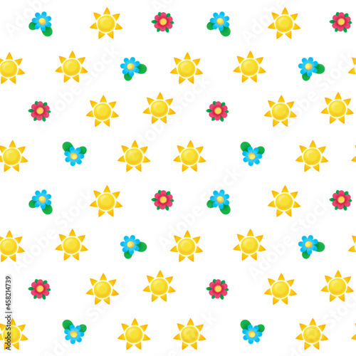 Cartoon suns and flowers on a white background. Seamless cute baby pattern. Ufo illustration in children's style, drawing by hands