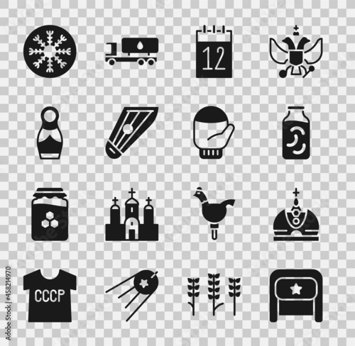 Set Ushanka, King crown, Pickled cucumbers jar, Calendar 12 june, Kankles, Russian doll matryoshka, Snowflake and Christmas mitten icon. Vector