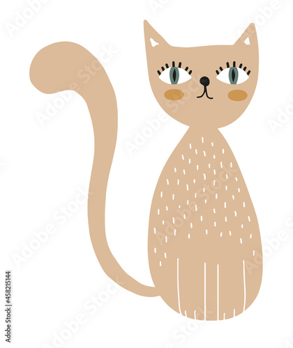 Hand Drawn Vector Illustration with Cute Brown Kitten Isolated on a White Background. Infantile Style Nursery Art ideal for Card, Wall Art, Poster, Cat Lovers. Funny Sweet Pets Print.