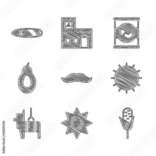 Set Mustache, Sun, Corn, Pinata, Avocado, Beans can and Cigar icon. Vector