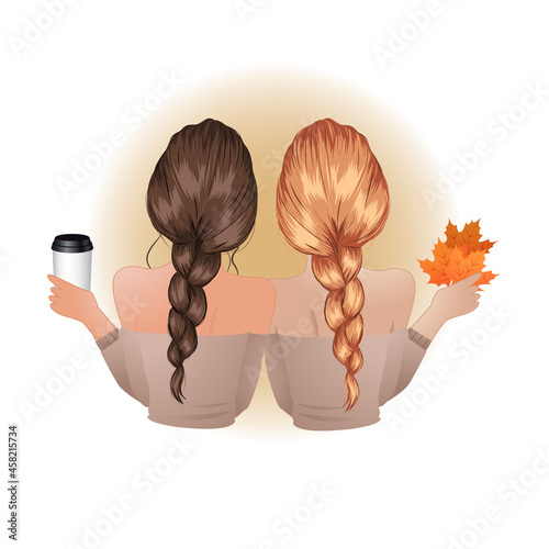 Girl best friend with warm coffee and autumn foliage. Cartoon style vector design