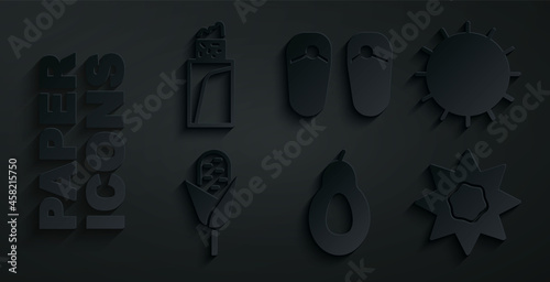 Set Avocado, Sun, Corn, Flip flops and Burrito icon. Vector