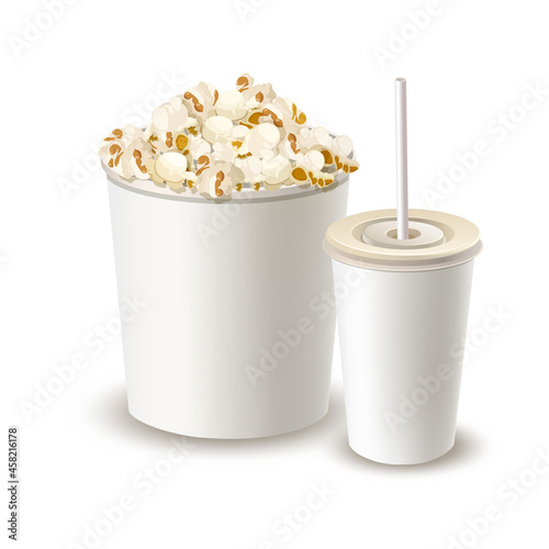 Bucket with fresh popcorn and paper drink cup for cold drink with lid and straw. Fast food packaging template. Realistic vector illustration