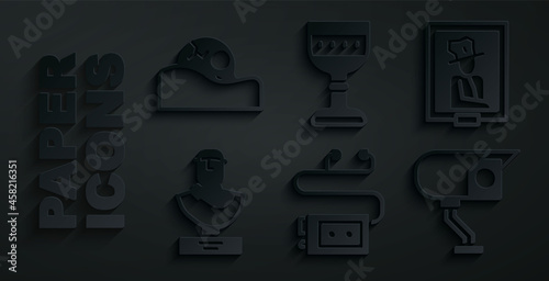 Set Museum audio guide, Portrait in museum, Ancient bust sculpture, Security camera, Medieval goblet and Human skull icon. Vector