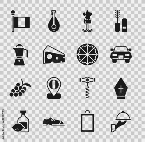 Set Covered with tray of food, Pope hat, Car, Mannequin, Cheese, Coffee moca pot, Flag Italy and Pizza icon. Vector